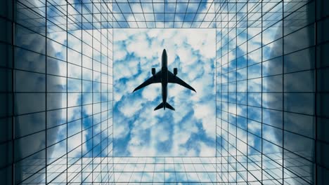 airplane flying over a modern glass skyscraper