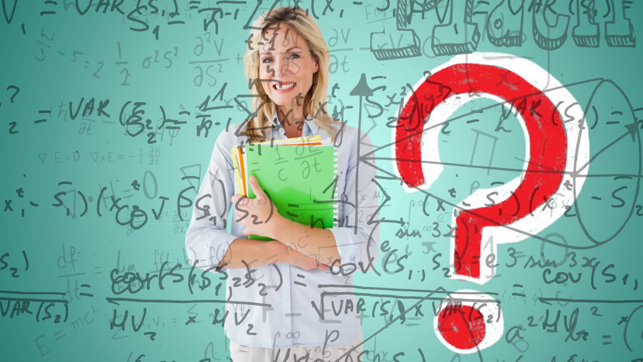 수학 방정식의 애니메이션과 백인 여성 교사에 대한 질문 표지