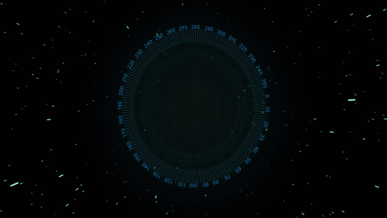 Animation of rotating digital compass with glowing radial lines on dark background