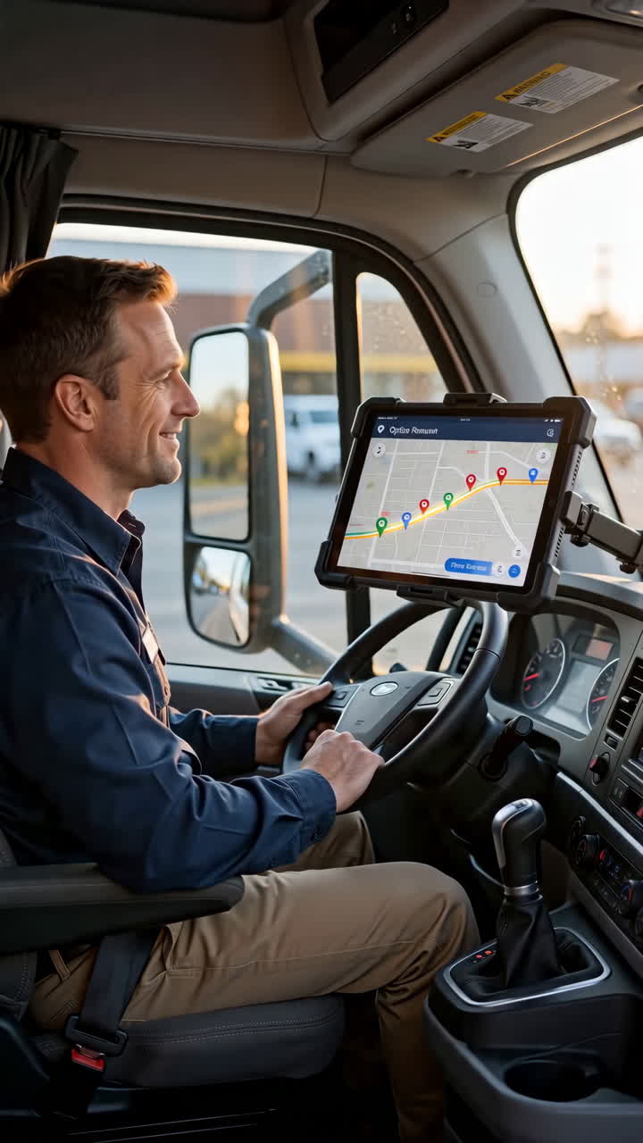 Autista di camion bianco controlla la navigazione sul tablet all'interno della cabina all'alba, pianificando il percorso di consegna con segnaposto sulla mappa.