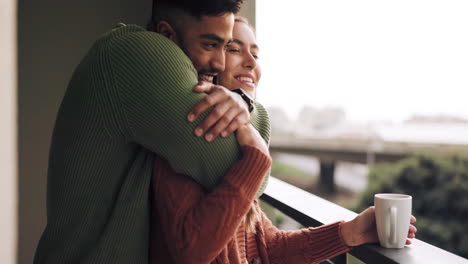 love, diversity and surprise hug from couple relax