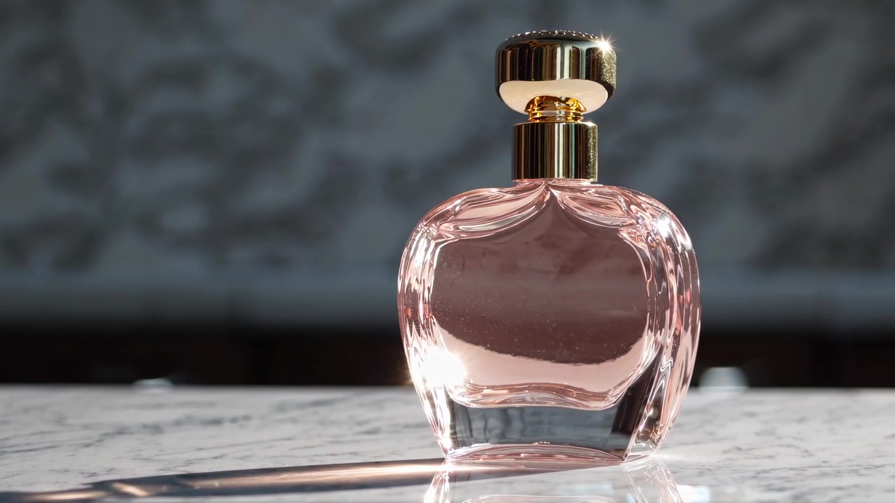 Flacone di profumo rosa di lusso con tappo dorato e superficie riflettente