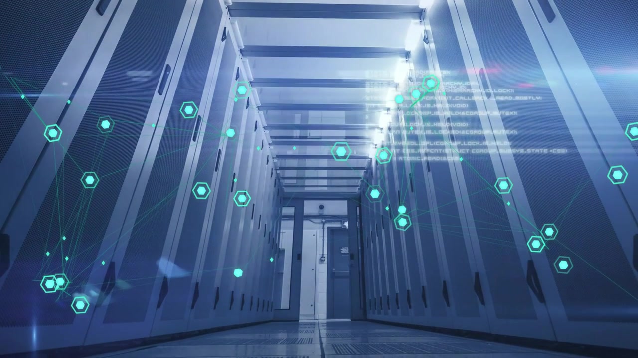 Data center server aisle receiving data packets, projecting teal hex nodes forming network lines