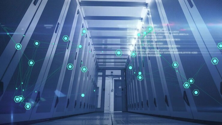 Data center server aisle receiving data packets, projecting teal hex nodes forming network lines