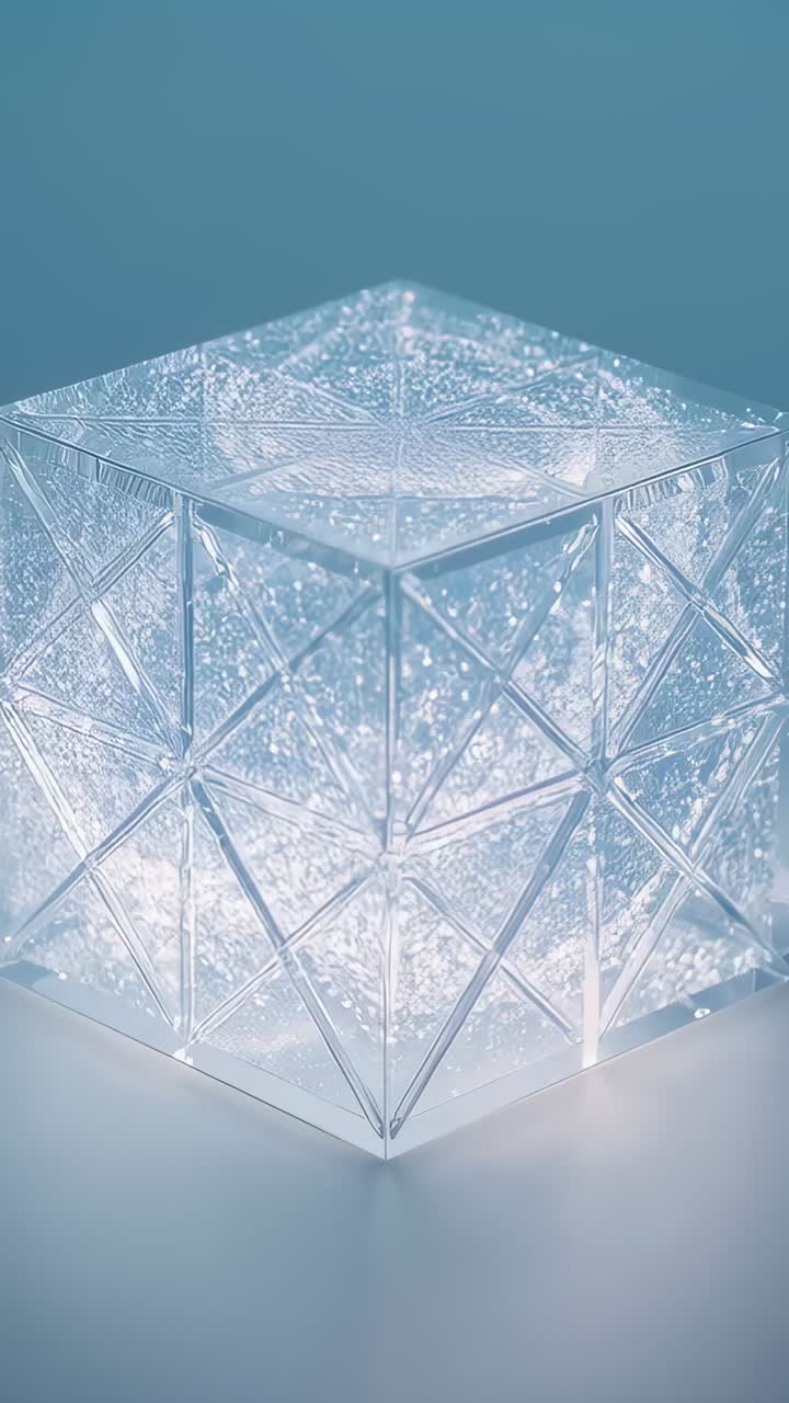 Vertical video: Brightening internal LED, faceted cube releasing particle cloud over lit plinth