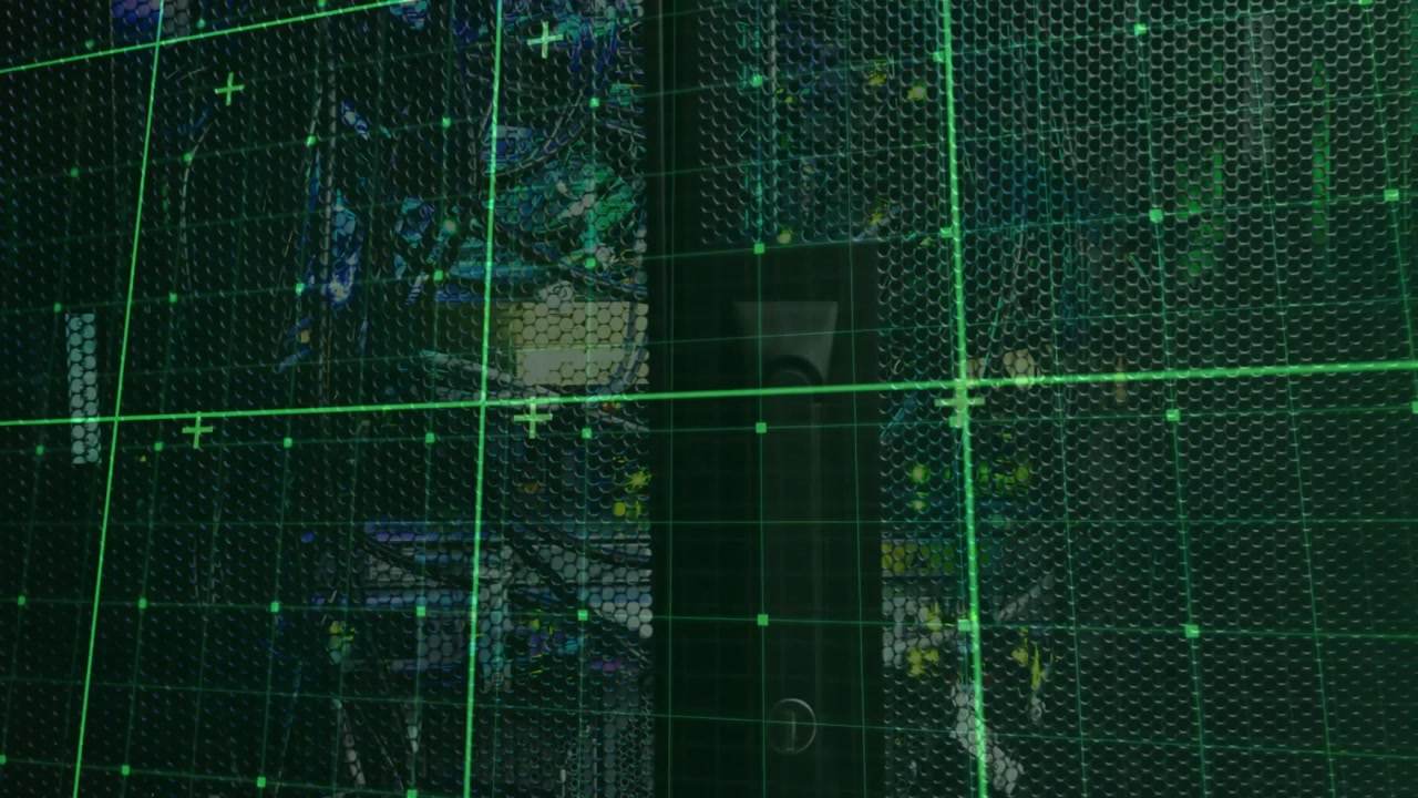 Diagnostic interface initiating scan on honeycomb panel with grid shifting and nodes brightening