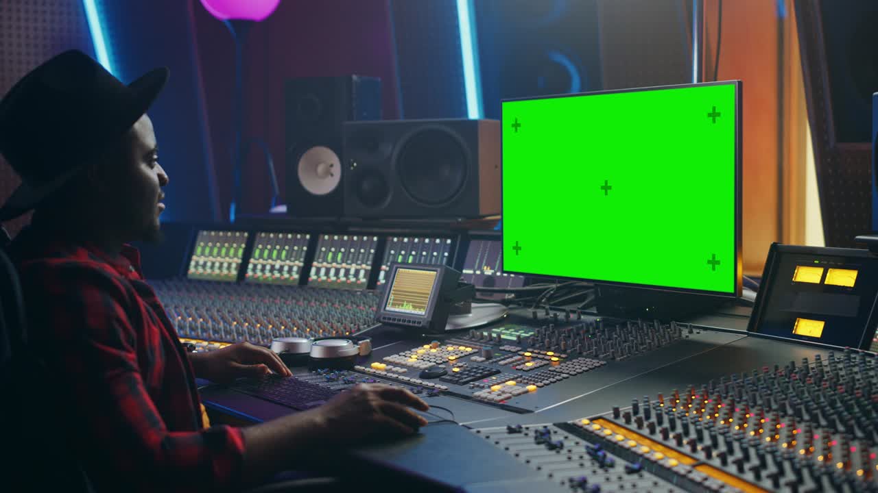 Elegante ingegnere del suono / produttore che lavora in uno studio di registrazione musicale, utilizza un display per computer con schermo verde chroma key, un mixer e un banco di controllo per creare un nuovo brano di successo, una canzone. Musicista artista nero creativo