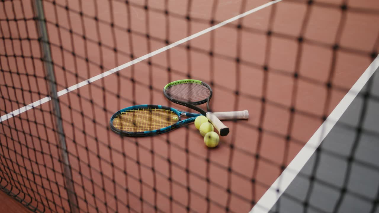 Tennis Rackets and Balls on Court