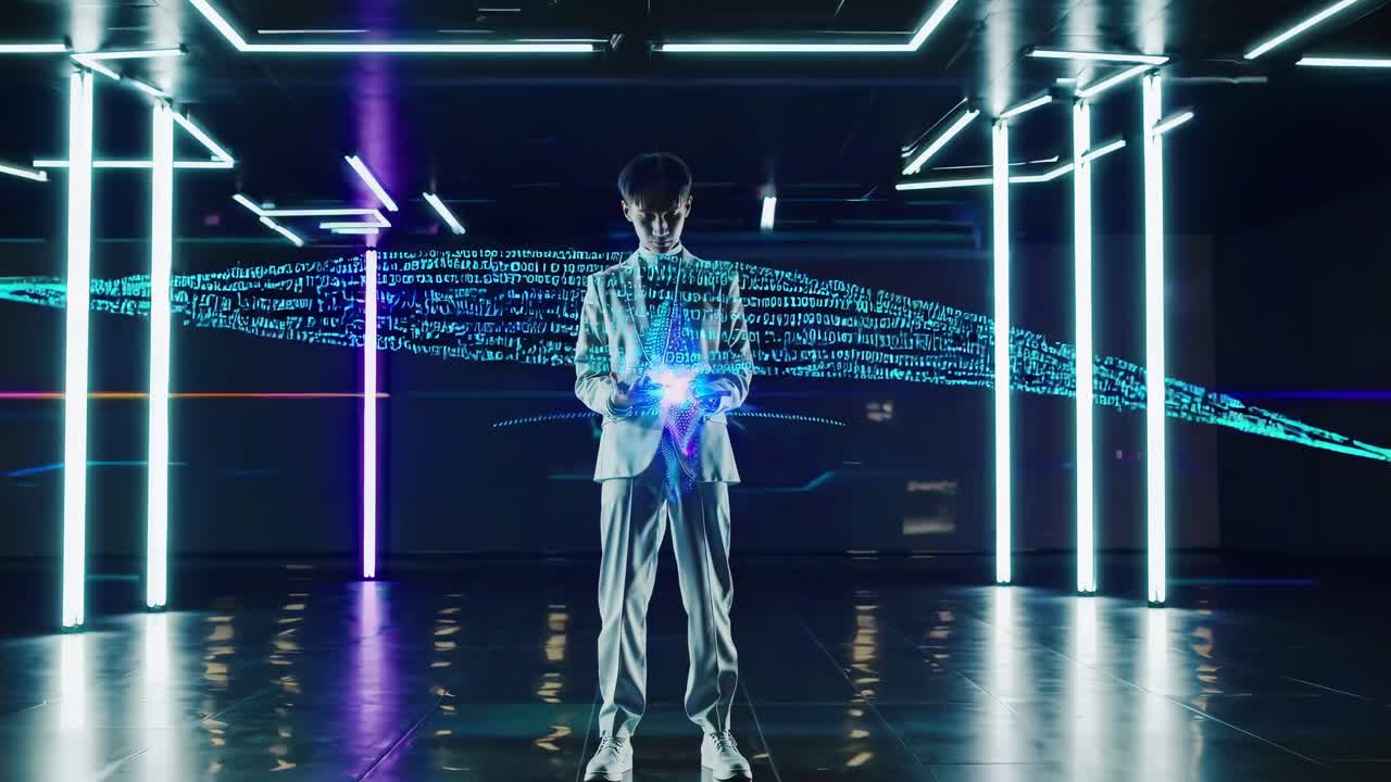 Futuristic video concept with a low-angle view of a digital figure amidst glowing binary code