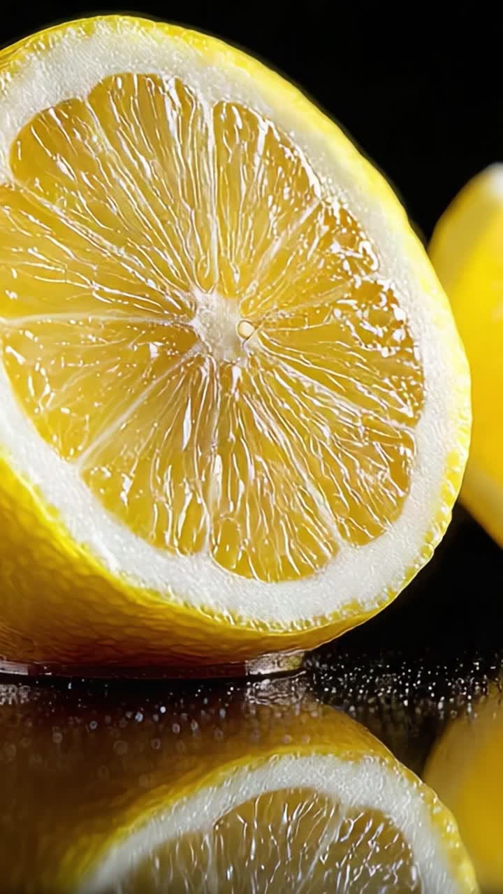 Fette di limone vivaci: esplorazione ravvicinata di succosi agrumi che mostrano il loro colore giallo brillante e la superficie ruvida che si riflette su un tavolo lucido