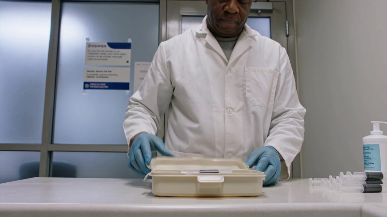 Holding cartridges, tech placing them into kit case to secure samples, in lab coat, blue gloves