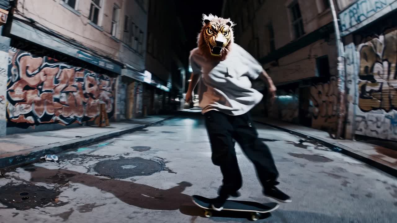 Skateboarder in a lion mask glides through urban alley, showcasing dynamic motion and vibrant street art in a captivating night scene