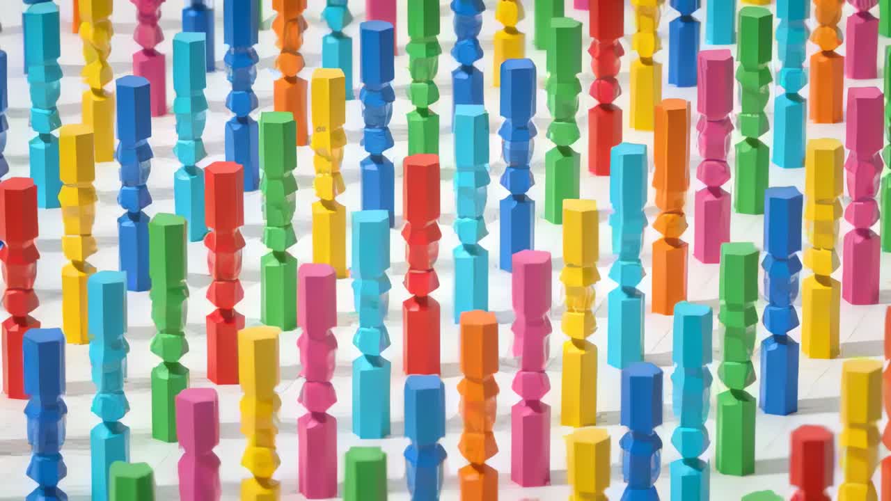 Growing colorful wooden pegs stacking segments as frames advance on white grid sheet, showing beads