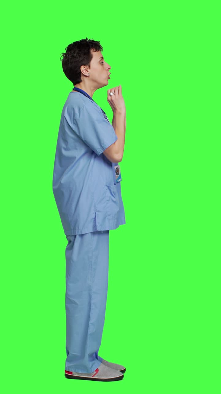 Profile Displeased irritated nurse shouting no and arguing with someone against greenscreen