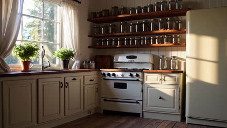 rustic farmhouse kitchen interior with sunlight and jars on shelves