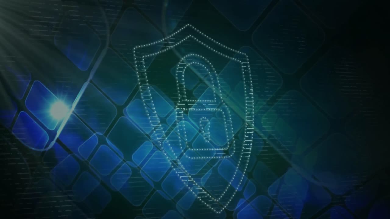 animación de un escudo digital con candado sobre cuadrados y luz