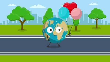 cute earth character with birthday ballons animation.