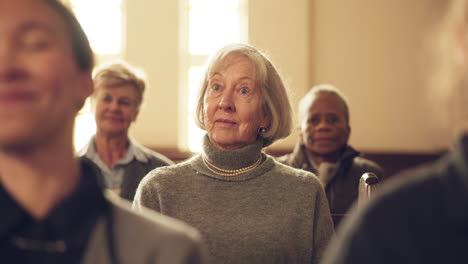 senior woman, church and listening to service