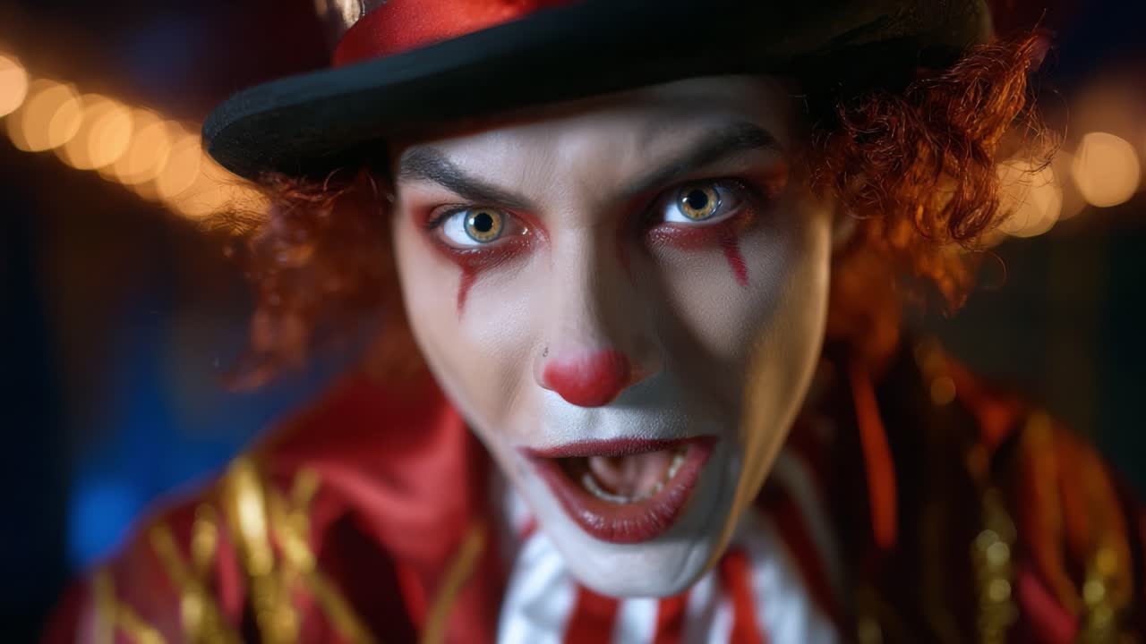 A menacing clown with vivid makeup and a red nose delivers an intense expression, captivating the audience with a dramatic blend of fear and excitement