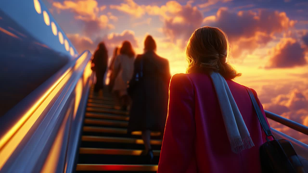 A Captivating Journey Towards the Sky: Silhouetted Figures Ascend the Stairs of an Airplane, Illuminated by a Breathtaking Sunset, Merging Colors of Gold and Orange Against a Dramatic Cloudy Sky