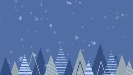 Animation-of-christmas-trees-over-snow-falling-on-blue-background