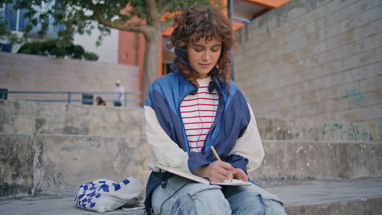 chica romántica escribiendo un cuaderno en el vecindario. mujer rizada relajada haciendo notas
