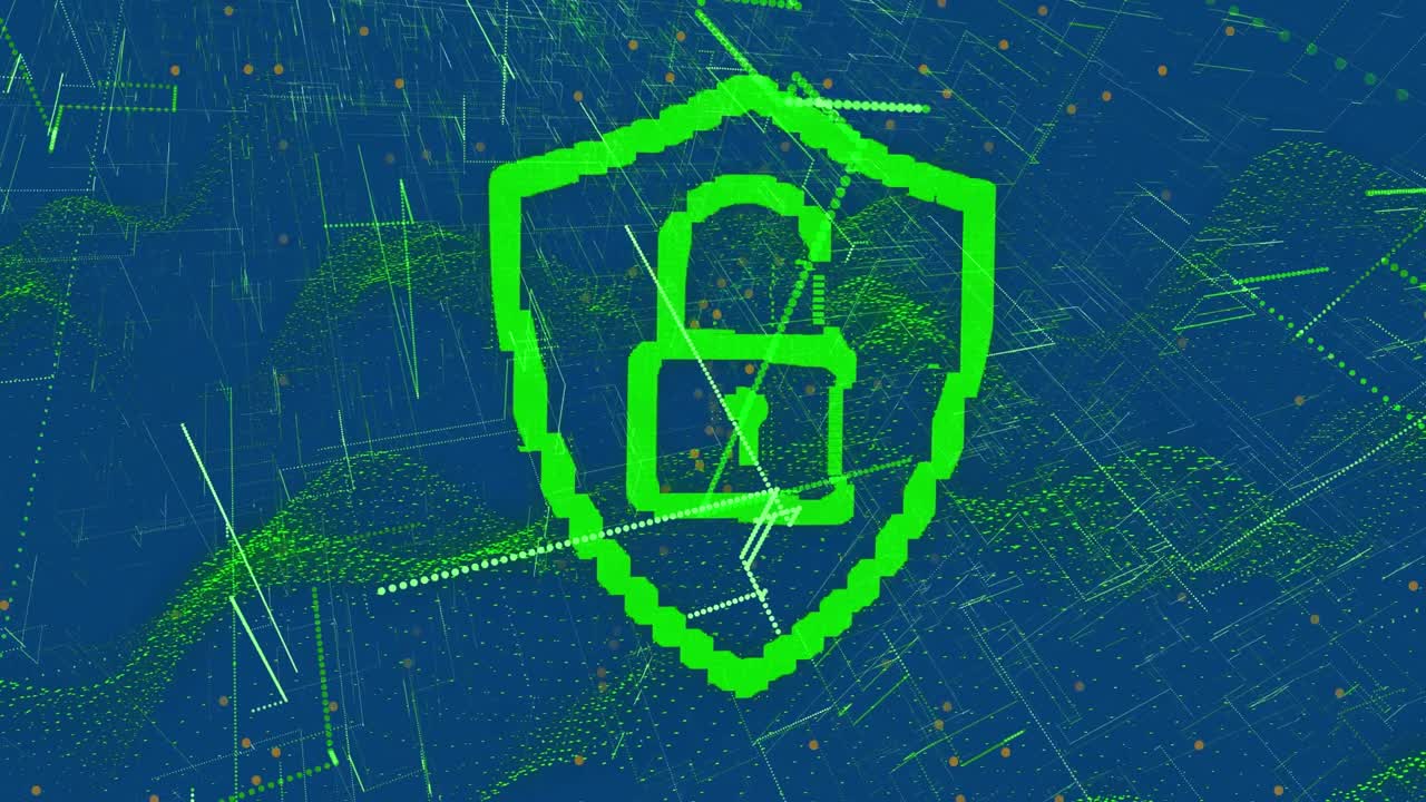 Animation of digital shield with padlock on blue background