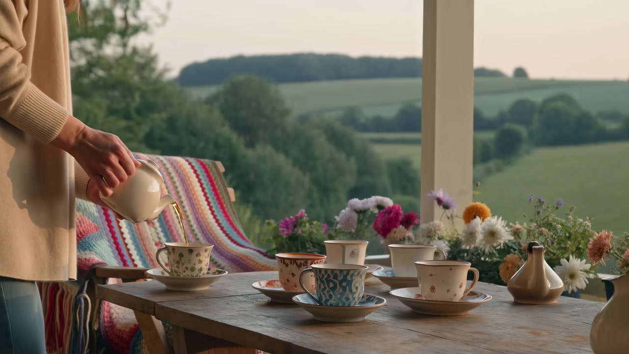 Frau gießt Tee auf der Veranda, Gastgeberin bereitet Tee-Service im Freien mit Vintage-Teekanne und gemusterten Tassen vor