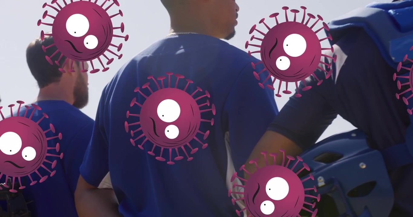 Animación de células virales sobre diversos jugadores de béisbol masculinos