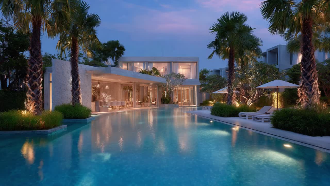 Stunning Evening View of a Serene Poolside Oasis Surrounded by Lush Palm Trees and Modern Architecture, Bathed in Soft Ambient Lighting at Twilight