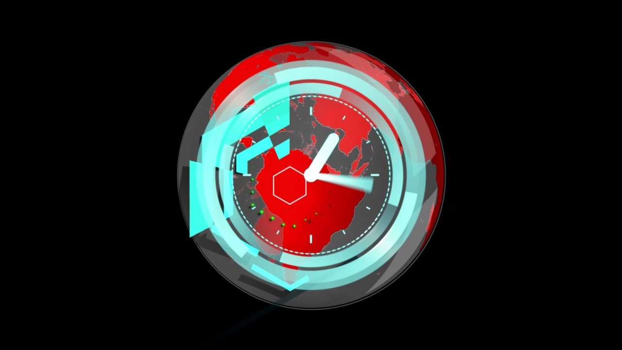 Animation of globe, clock and green hexagons on black background