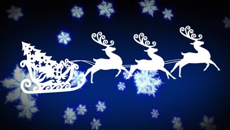 Christmas-tree-in-sleigh-being-pulled-by-reindeers-against-snowflakes-floating-on-blue-background