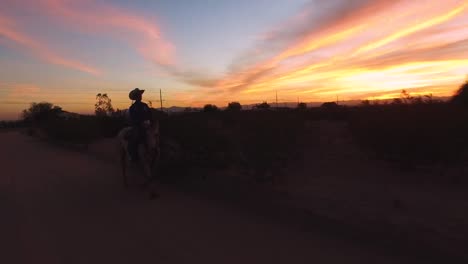 cowboy riding horse at sunset in the desert