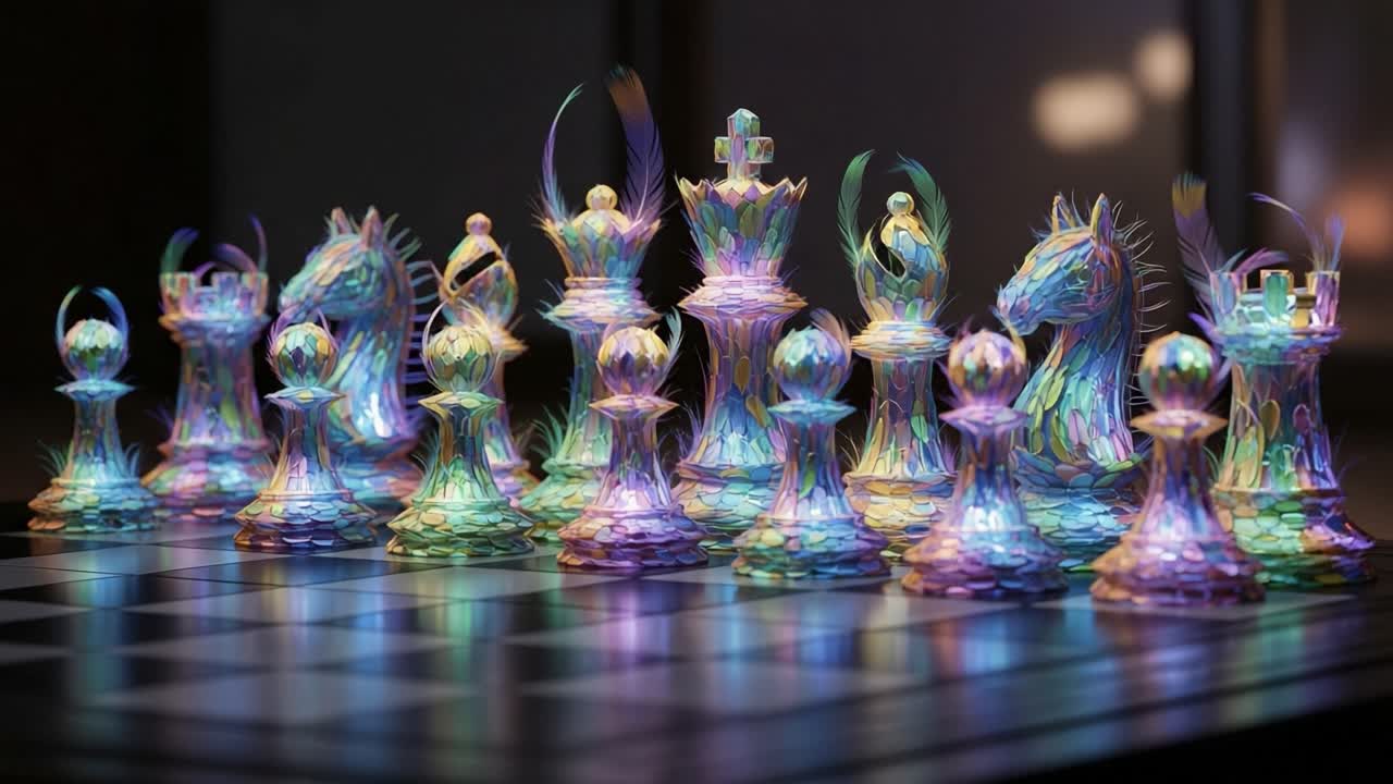 A Spectacular Display of Iridescent Chess Pieces Captivatingly Arranged on a Glossy Board, Showcasing the Artistry and Strategic Depth of the Timeless Game