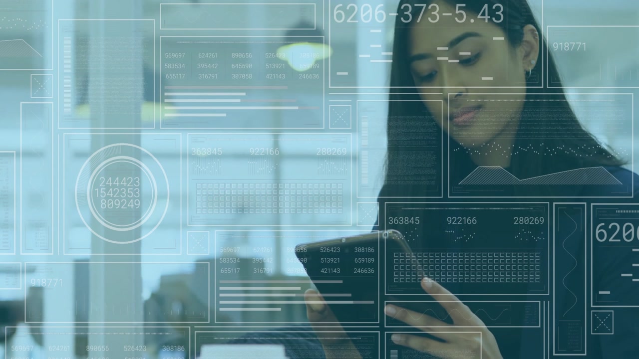 Female analyst swiping tablet and refreshing finance data overlay beside glass partition