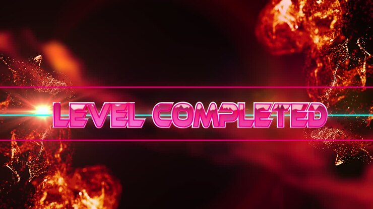 Animation of level completed text over glowing neon lines and particles
