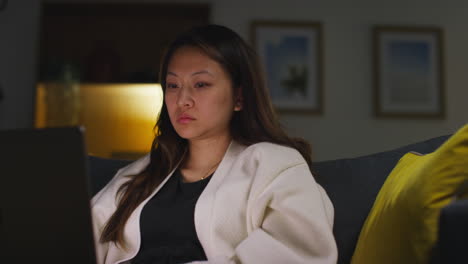 woman using a laptop on a couch in a living room