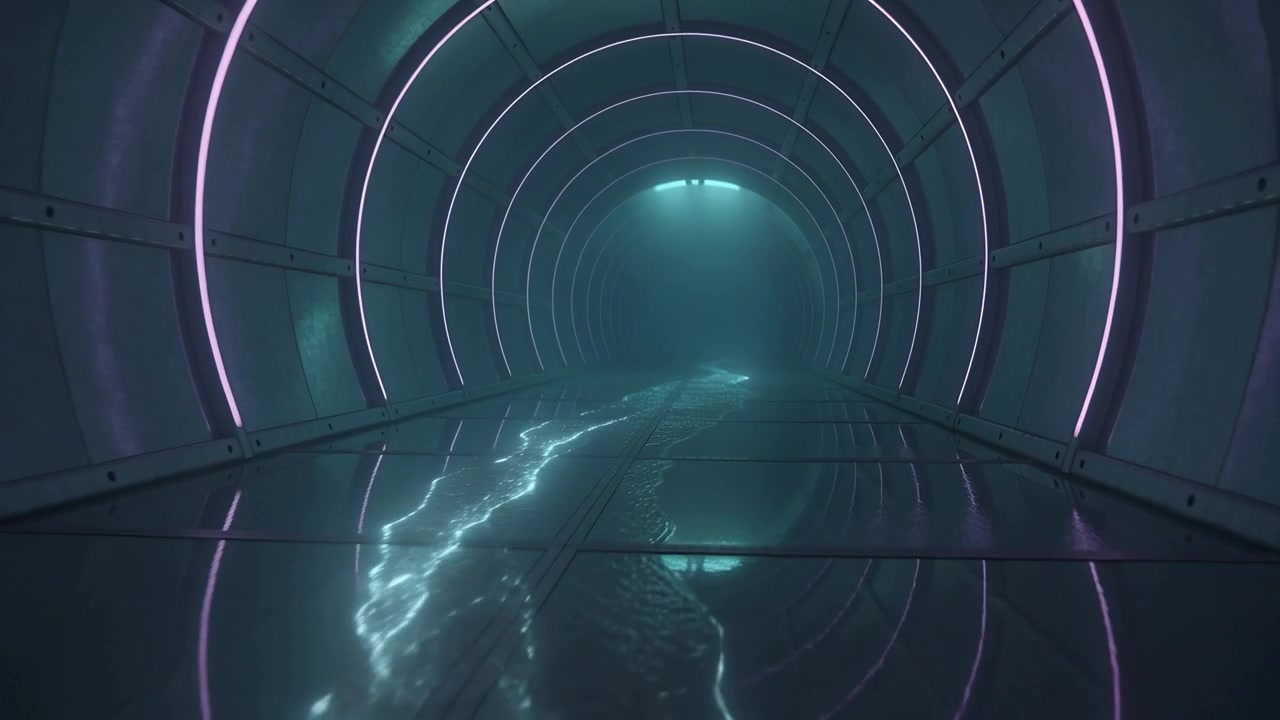 Sparking energy arc racing along mirror floor in scifi tunnel, brightening and fading
