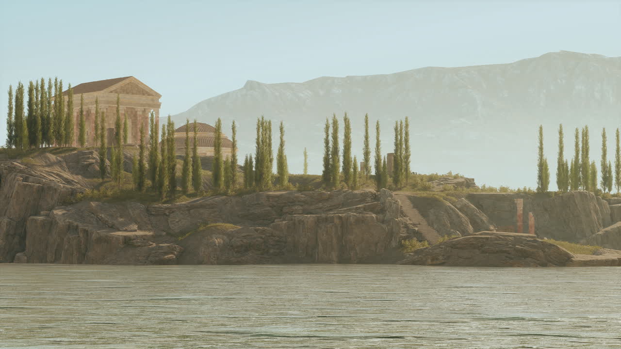 Ruins of an ancient roman temple beside a tranquil lake at sunset