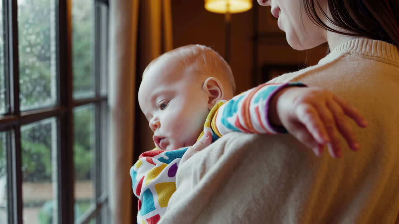 Mother holding baby by a rainy window