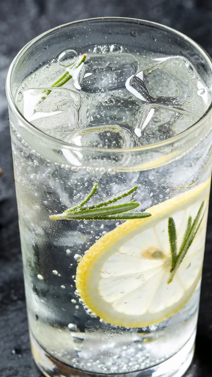 Tall glass on slate, releasing bubbles from lemon, rosemary, ice, rising and showing drink appeal