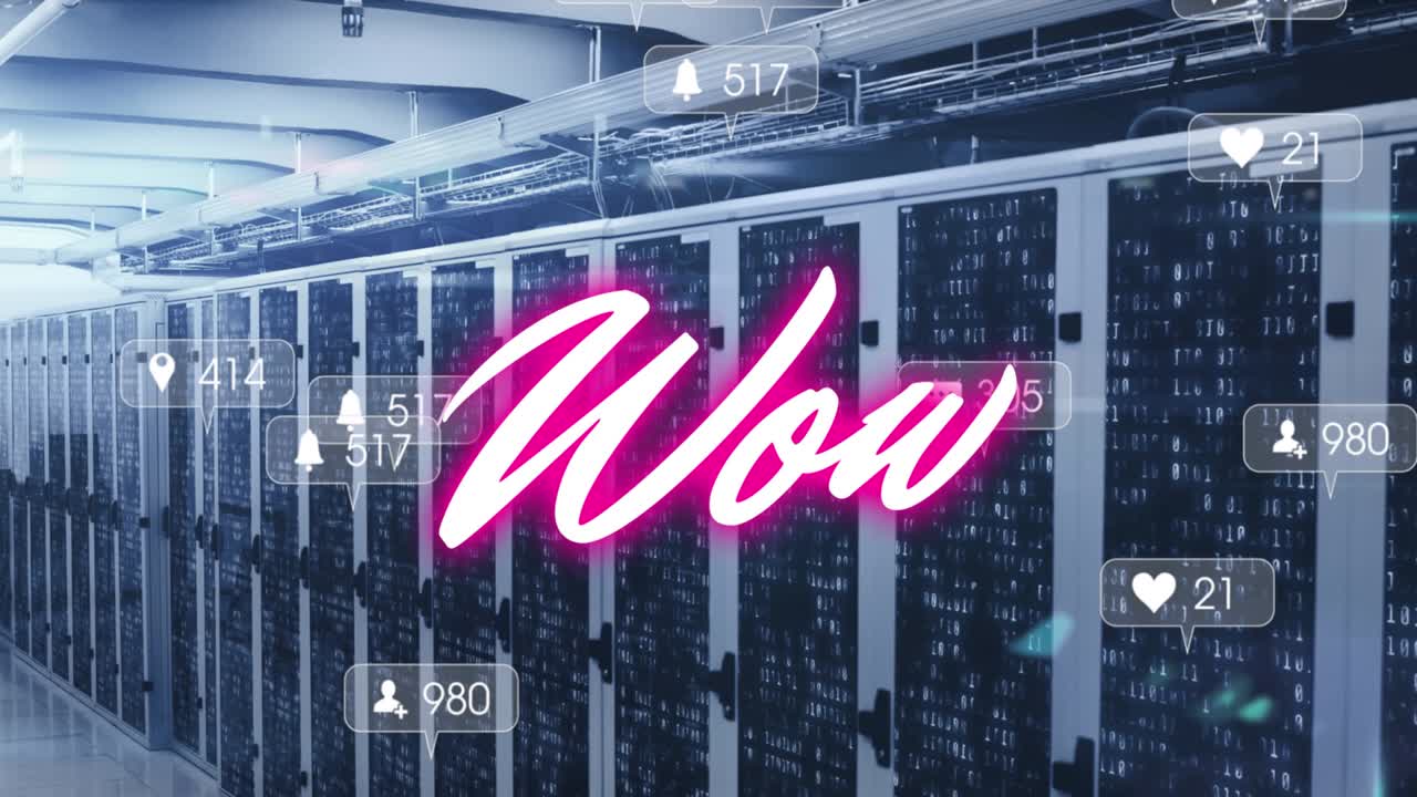 핑크색 텍스트의 애니메이션 와우, 컴퓨터 서버 을 통해 소셜 미디어 알림
