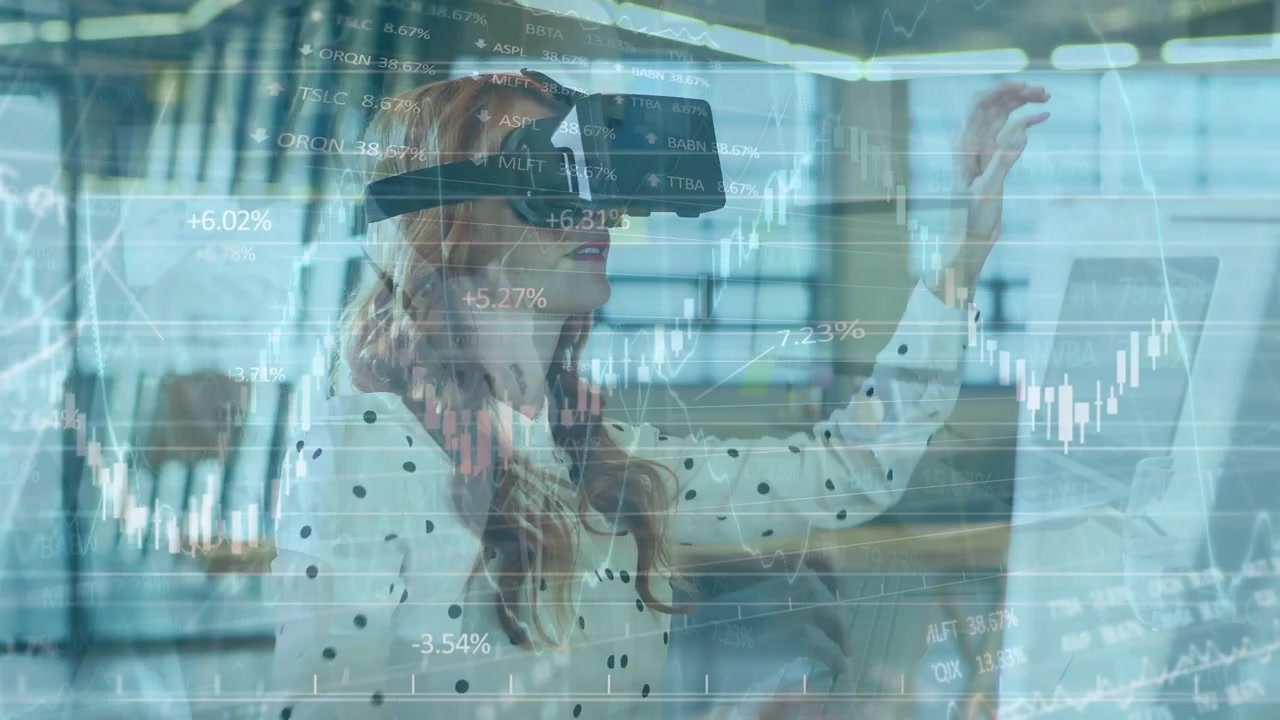 Animation of caucasian businesswoman analyzing data through virtual reality simulator in office
