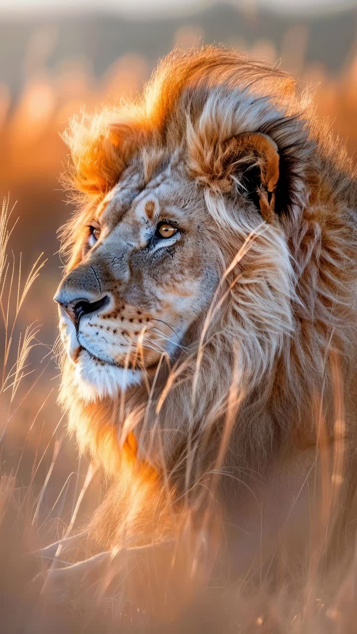 Majestic lion in golden hour light, captured from a low angle. The warm tones create a cinematic