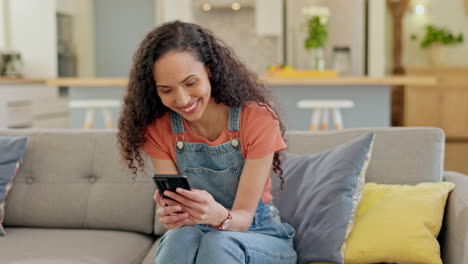 Phone,-funny-and-woman-on-sofa-for-online