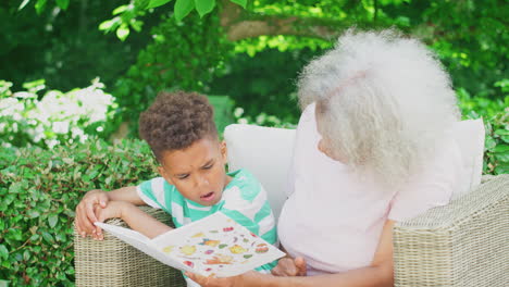 grandmother sitting outdoors in garden with grandson at home reading book together