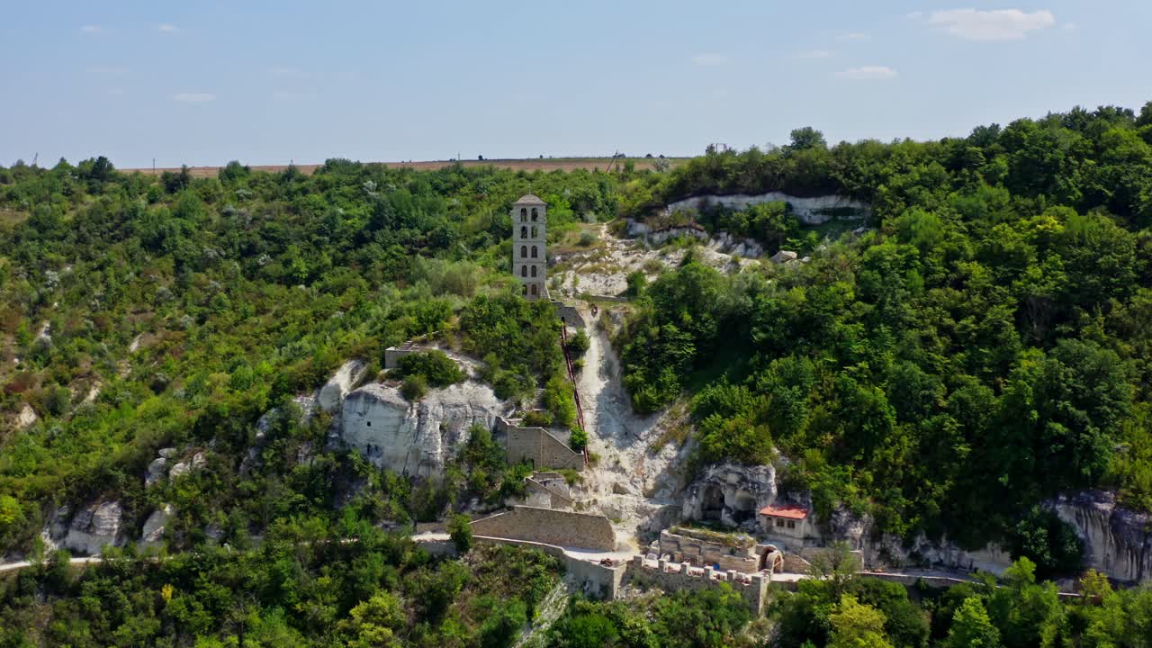 Holy place and monastery. Aerial view of rock structure is monastery built