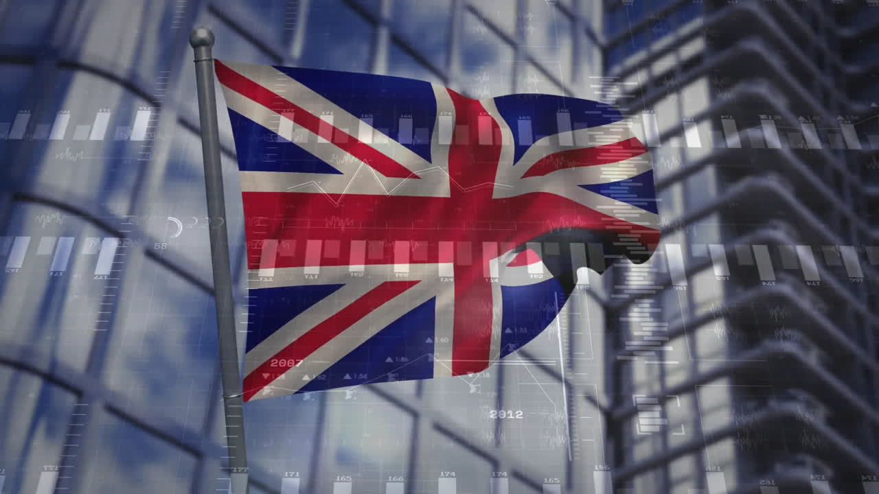 금융 데이터 차트와 마천루 애니메이션 위에 흔들리는 노동조합 발