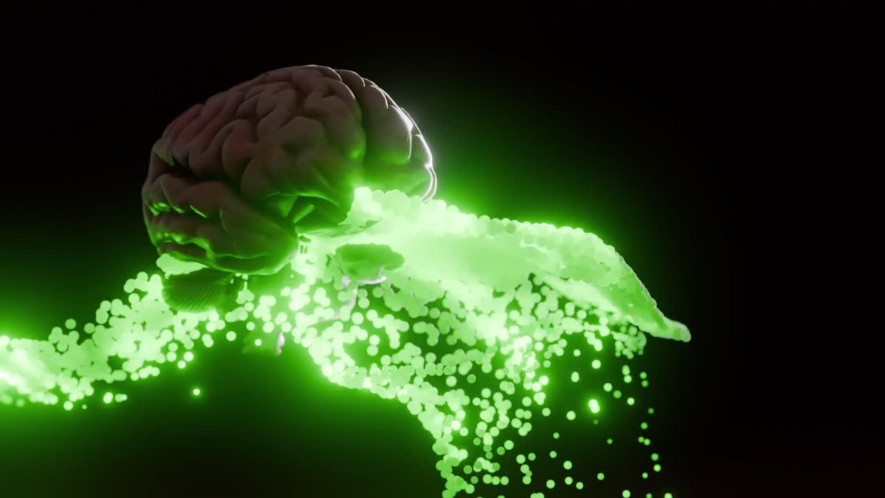 Human brain with glowing green energy waves on dark background. 3D render of anatomical model and neural stream. Artificial intelligence and neuroscience concept. Design for poster, wallpaper.