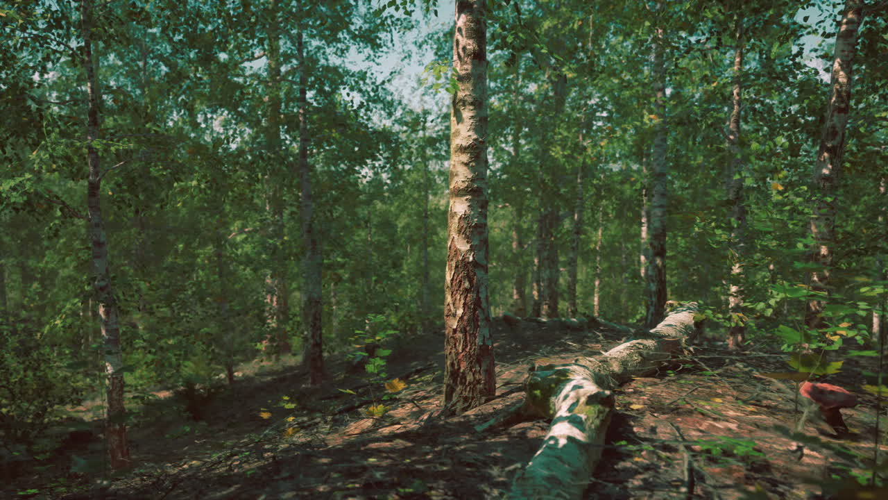 una hermosa escena del bosque con árboles de abedul y luz del sol